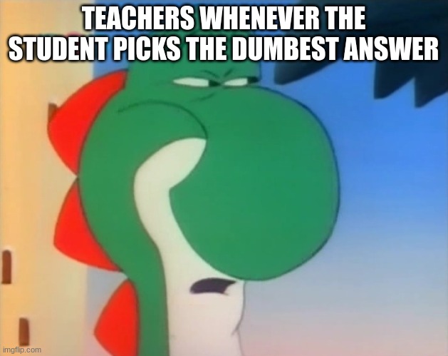 For Real | TEACHERS WHENEVER THE STUDENT PICKS THE DUMBEST ANSWER | image tagged in skeptical yoshi,school | made w/ Imgflip meme maker