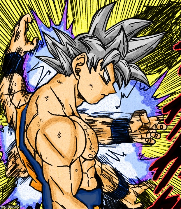 Colored Manga Panel of Ultra Instinct Goku | image tagged in art,colors,goku,ultra instinct,ultra instinct goku | made w/ Imgflip meme maker