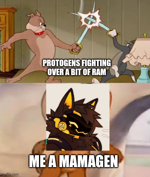 My first mene | PROTOGENS FIGHTING OVER A BIT OF RAM; ME A MAMAGEN | image tagged in tom and jerry swordfight | made w/ Imgflip meme maker