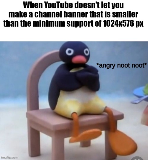 How many subscribers should I have to make these banners? | When YouTube doesn't let you make a channel banner that is smaller than the minimum support of 1024x576 px | image tagged in angry noot noot,youtube,memes,funny | made w/ Imgflip meme maker