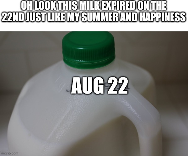 Expired? | OH LOOK THIS MILK EXPIRED ON THE 22ND JUST LIKE MY SUMMER AND HAPPINESS; AUG 22 | image tagged in expired | made w/ Imgflip meme maker