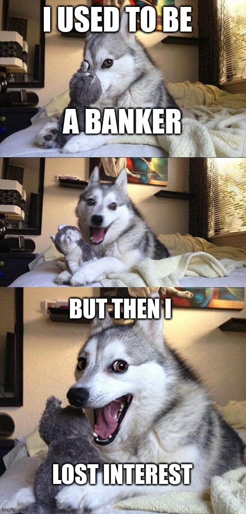 Bad Pun Dog | I USED TO BE; A BANKER; BUT THEN I; LOST INTEREST | image tagged in memes,bad pun dog | made w/ Imgflip meme maker