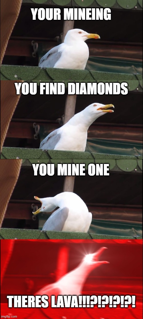 Inhaling Seagull | YOUR MINEING; YOU FIND DIAMONDS; YOU MINE ONE; THERES LAVA!!!?!?!?!?! | image tagged in memes,inhaling seagull | made w/ Imgflip meme maker