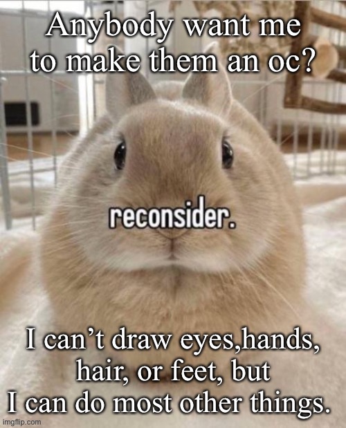 reconsider | Anybody want me to make them an oc? I can’t draw eyes,hands, hair, or feet, but I can do most other things. | image tagged in reconsider | made w/ Imgflip meme maker