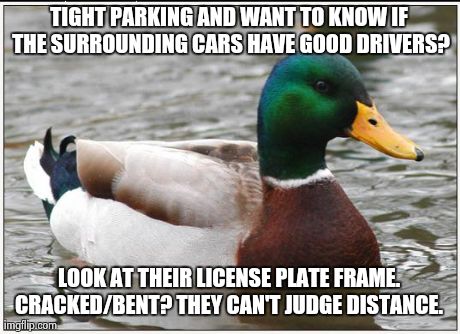 Now you realized how many people can't drive..... | TIGHT PARKING AND WANT TO KNOW IF THE SURROUNDING CARS HAVE GOOD DRIVERS? LOOK AT THEIR LICENSE PLATE FRAME. CRACKED/BENT? THEY CAN'T JUDGE  | image tagged in memes,actual advice mallard | made w/ Imgflip meme maker