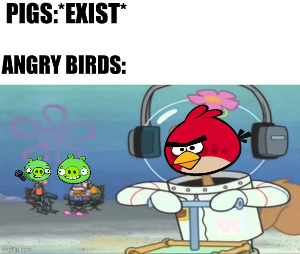 Did somebody say BOOM? | PIGS:*EXIST*; ANGRY BIRDS: | image tagged in did somebody say boom,sandy cheeks,angry birds,spongebob squarepants | made w/ Imgflip meme maker