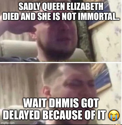 a | SADLY QUEEN ELIZABETH DIED AND SHE IS NOT IMMORTAL.. WAIT DHMIS GOT DELAYED BECAUSE OF IT 😭 | image tagged in crying salute | made w/ Imgflip meme maker