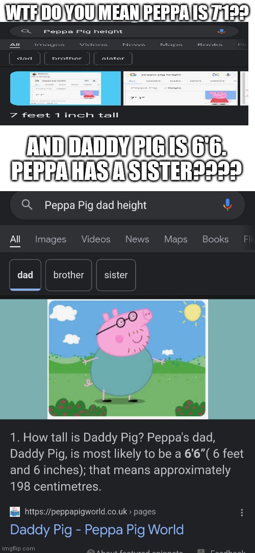 Wtf? |  WTF DO YOU MEAN PEPPA IS 7'1?? AND DADDY PIG IS 6'6. PEPPA HAS A SISTER???? | image tagged in peppa pig,daddy pig,7'1,6'6,peppa has a sister | made w/ Imgflip meme maker