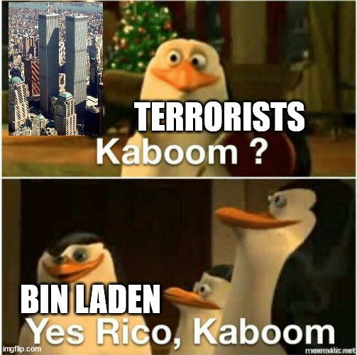 I am so sorry | TERRORISTS; BIN LADEN | image tagged in kaboom yes rico kaboom | made w/ Imgflip meme maker