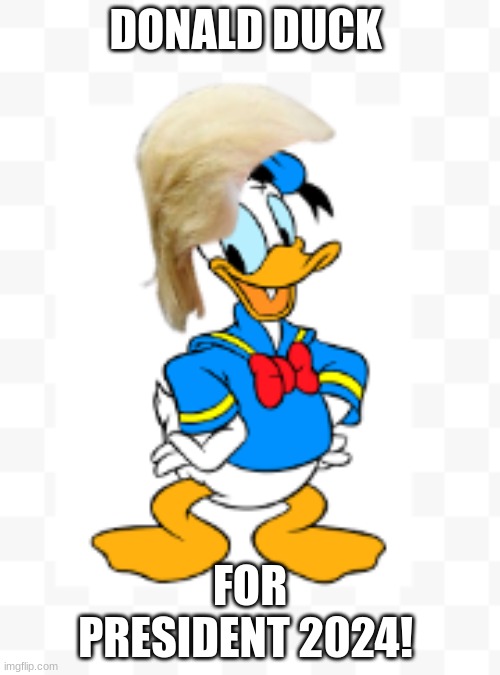 Donald Duck! Donald Duck! | DONALD DUCK; FOR PRESIDENT 2024! | image tagged in donald trump,donald duck,president,2024 | made w/ Imgflip meme maker
