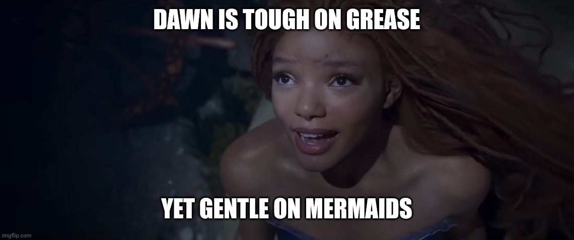 Dawn mermaid | DAWN IS TOUGH ON GREASE; YET GENTLE ON MERMAIDS | image tagged in dawn,grease,the little mermaid,disney,oil | made w/ Imgflip meme maker