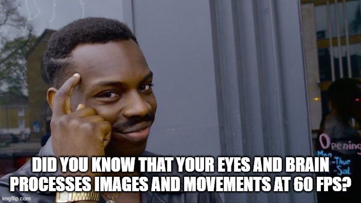 Now that I think about it |  DID YOU KNOW THAT YOUR EYES AND BRAIN PROCESSES IMAGES AND MOVEMENTS AT 60 FPS? | image tagged in memes,roll safe think about it | made w/ Imgflip meme maker