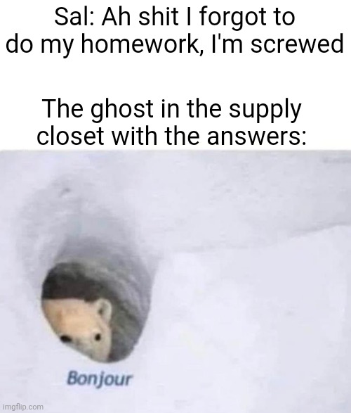 His name is Harold | Sal: Ah shit I forgot to do my homework, I'm screwed; The ghost in the supply closet with the answers: | image tagged in bonjour,sally face,memes,funny | made w/ Imgflip meme maker