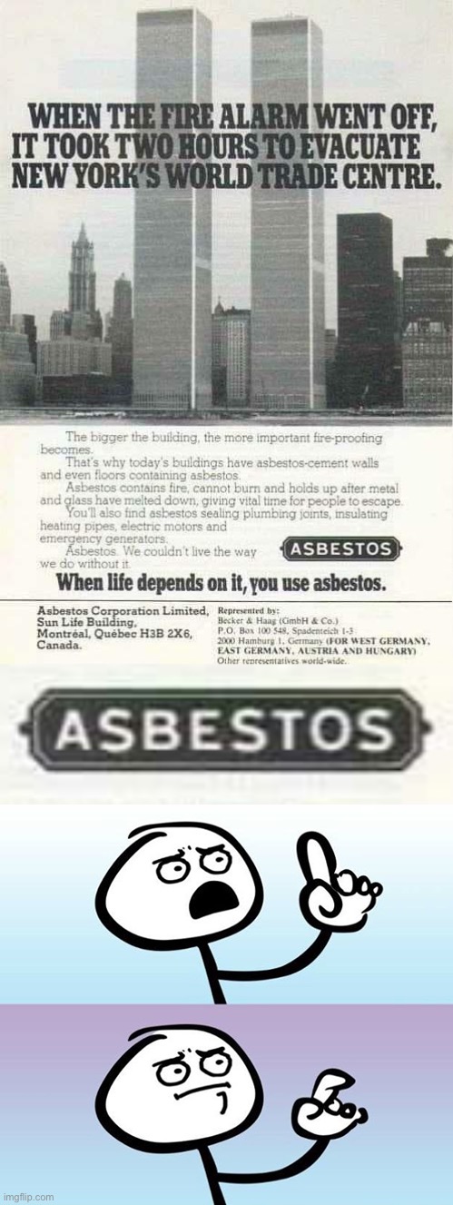 Happy 9/11 [Sponsored by Asbestos] | image tagged in curiously offensive vintage ads,can't argue with that / technically not wrong,9/11,911 9/11 twin towers impact,asbestos,hmmm | made w/ Imgflip meme maker