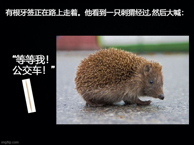 Toothpick calls a bus | 有根牙签正在路上走着。他看到一只刺猬经过, 然后大喊：; “等等我！
公交车！” | image tagged in chinese,hedgehog,puns | made w/ Imgflip meme maker