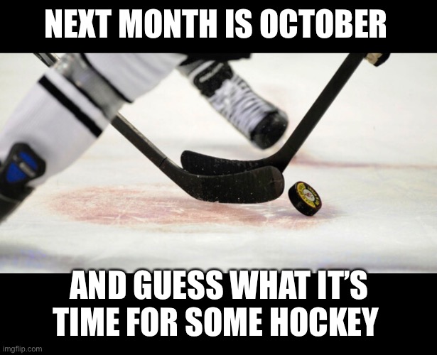 Hockey |  NEXT MONTH IS OCTOBER; AND GUESS WHAT IT’S TIME FOR SOME HOCKEY | image tagged in hockey | made w/ Imgflip meme maker