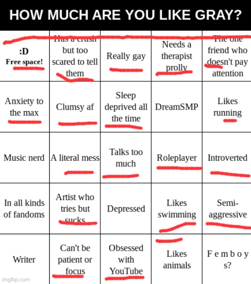 Pretty similar to me lol | image tagged in gray's bingo | made w/ Imgflip meme maker