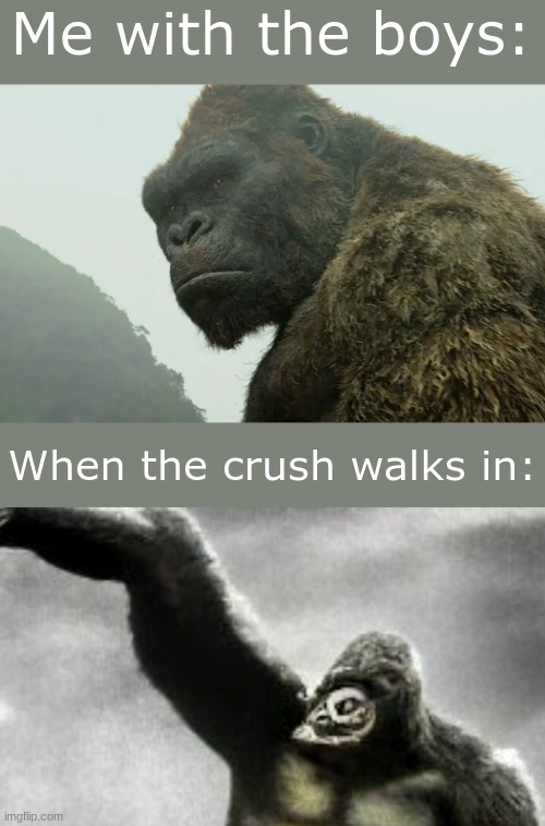 True doe |  Me with the boys:; When the crush walks in: | image tagged in king kong,crush | made w/ Imgflip meme maker