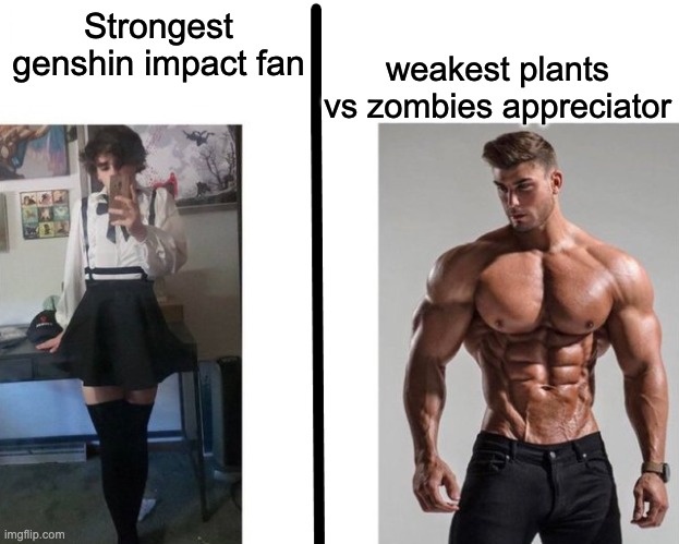 Strongest ___ Fan vs Weakest ___ Enjoyer | weakest plants vs zombies appreciator; Strongest genshin impact fan | image tagged in strongest ___ fan vs weakest ___ enjoyer | made w/ Imgflip meme maker