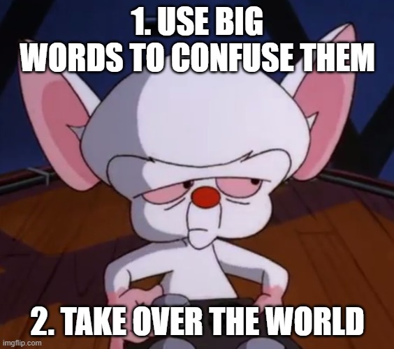 The Brain | 1. USE BIG WORDS TO CONFUSE THEM; 2. TAKE OVER THE WORLD | image tagged in funny,smart,pinkyandthebrain | made w/ Imgflip meme maker