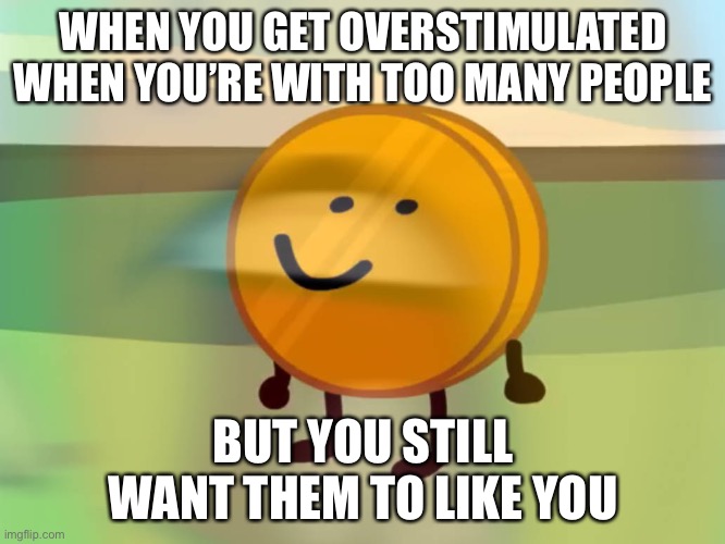 Why not. | WHEN YOU GET OVERSTIMULATED WHEN YOU’RE WITH TOO MANY PEOPLE; BUT YOU STILL WANT THEM TO LIKE YOU | image tagged in coiny is not okay | made w/ Imgflip meme maker