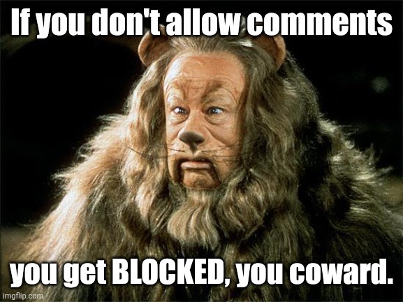 cowardly lion | If you don't allow comments; you get BLOCKED, you coward. | image tagged in democrats,liberals,lgbtq,biden,blm,antifa | made w/ Imgflip meme maker