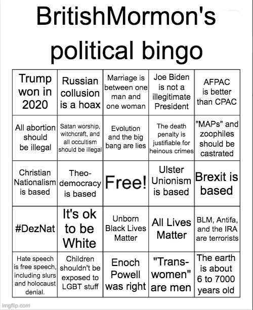 High Quality BritishMormon political bingo Blank Meme Template