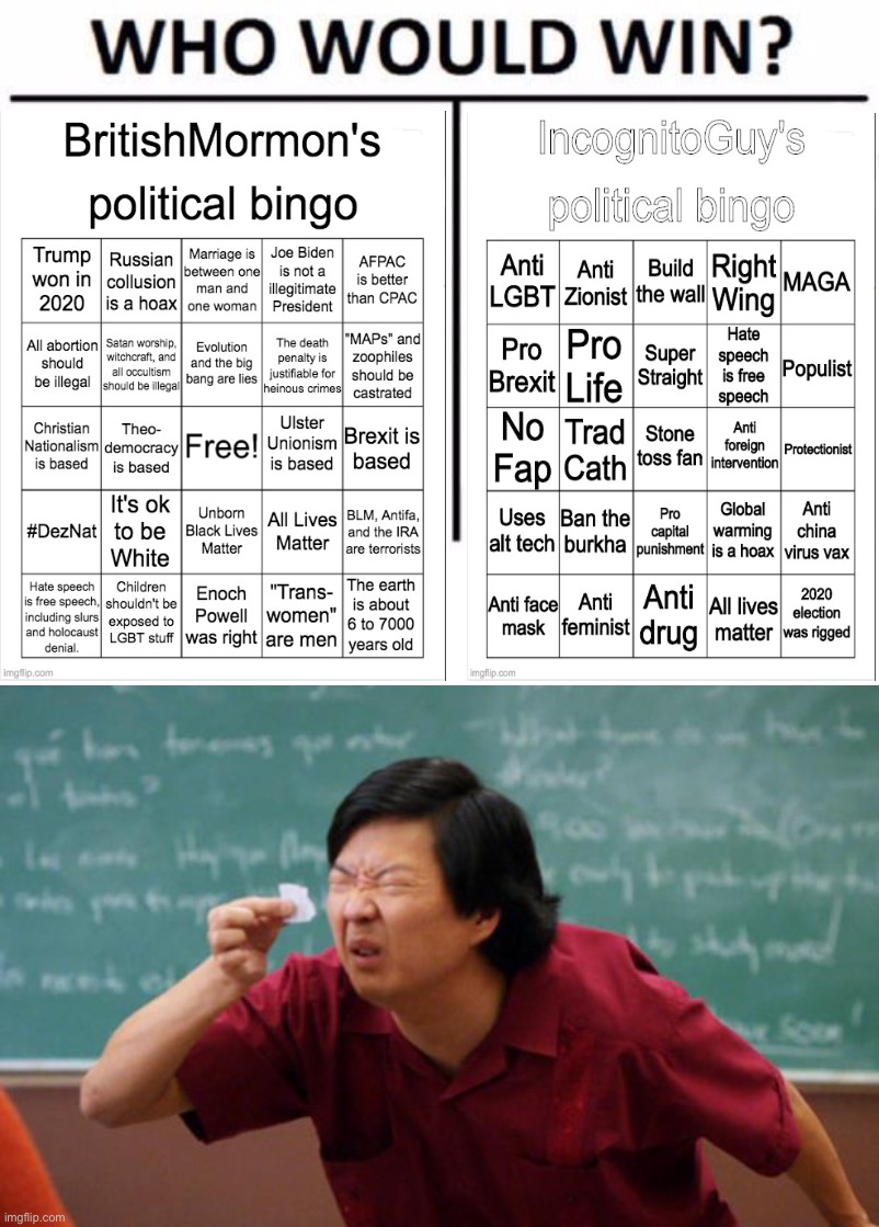 High Quality BritishMormon vs. IncognitoGuy political bingo Blank Meme Template