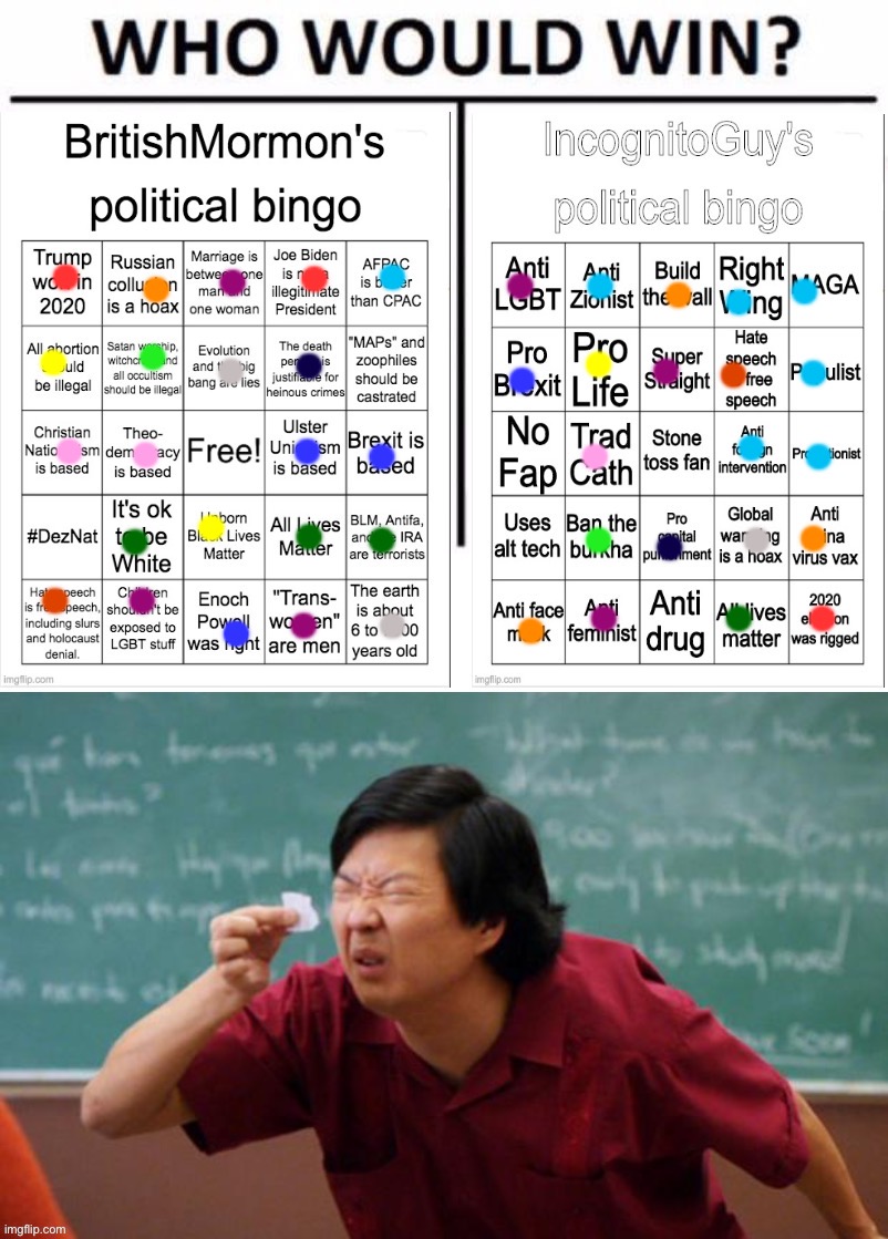 How IncognitoGuy might have answered BritishMormon’s political bingo — and vice-versa! | image tagged in things,that,make,you,go,hmmm | made w/ Imgflip meme maker