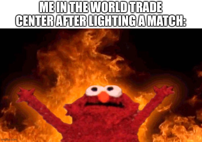 elmo fire | ME IN THE WORLD TRADE CENTER AFTER LIGHTING A MATCH: | image tagged in elmo fire | made w/ Imgflip meme maker