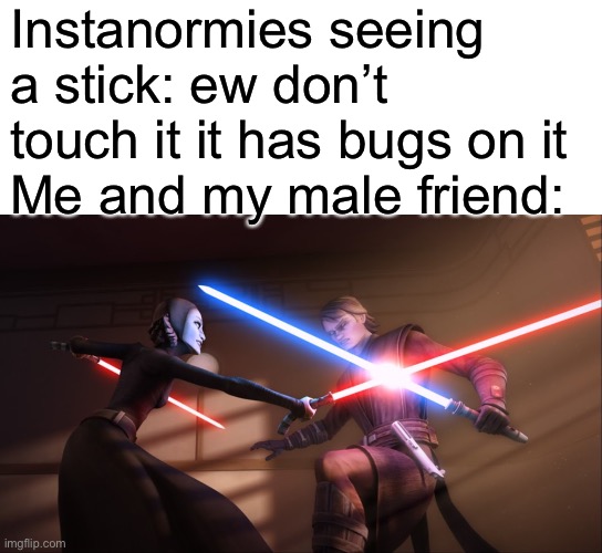 Instanormies seeing a stick: ew don’t touch it it has bugs on it
Me and my male friend: | image tagged in memes,blank transparent square | made w/ Imgflip meme maker