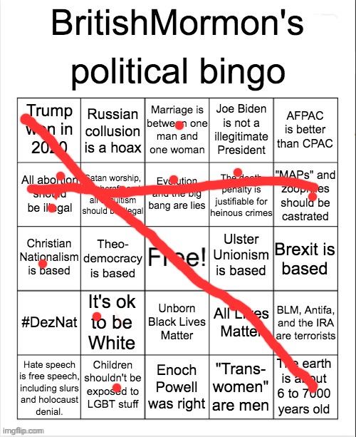 BritishMormon political bingo | image tagged in britishmormon political bingo | made w/ Imgflip meme maker