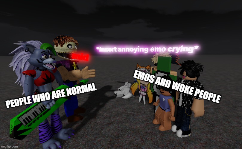 "Mid" (Chads vs Emos) | EMOS AND WOKE PEOPLE; PEOPLE WHO ARE NORMAL | image tagged in emo,roblox meme,chad- | made w/ Imgflip meme maker