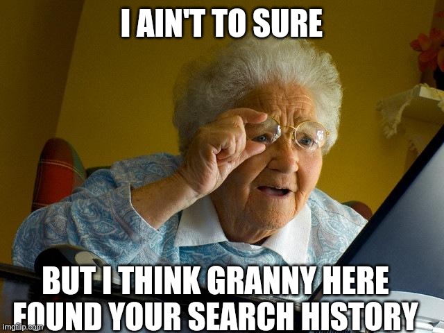 Granny is questioning your life choices | I AIN'T TO SURE; BUT I THINK GRANNY HERE FOUND YOUR SEARCH HISTORY | image tagged in memes,grandma finds the internet | made w/ Imgflip meme maker