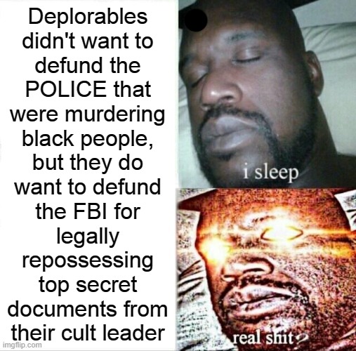 BLATANT HYPOCRISY | Deplorables
didn't want to
defund the
POLICE that
were murdering
black people,
but they do
want to defund
the FBI for
legally
repossessing
top secret
documents from
their cult leader | image tagged in memes,sleeping shaq,hypocritical,gop hypocrite,hypocrisy,conservative hypocrisy | made w/ Imgflip meme maker
