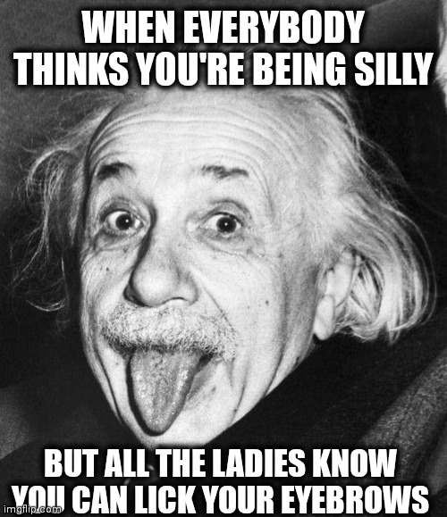 Einstein tongue | WHEN EVERYBODY THINKS YOU'RE BEING SILLY; BUT ALL THE LADIES KNOW YOU CAN LICK YOUR EYEBROWS | image tagged in einstein tongue | made w/ Imgflip meme maker