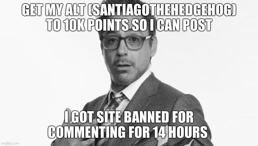 i cannot post the profile link because i am banned | GET MY ALT (SANTIAGOTHEHEDGEHOG) TO 10K POINTS SO I CAN POST; I GOT SITE BANNED FOR COMMENTING FOR 14 HOURS | image tagged in robert downey jr's comments | made w/ Imgflip meme maker