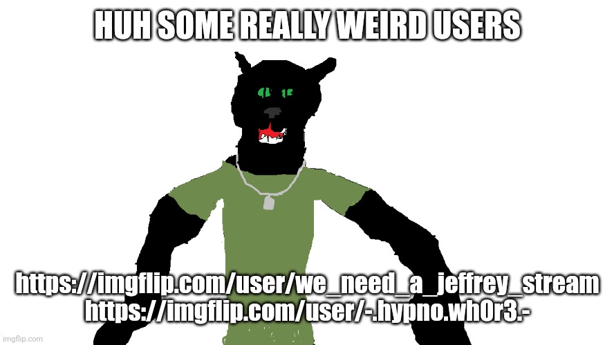 My panther fursona | HUH SOME REALLY WEIRD USERS; https://imgflip.com/user/we_need_a_jeffrey_stream https://imgflip.com/user/-.hypno.wh0r3.- | image tagged in my panther fursona | made w/ Imgflip meme maker