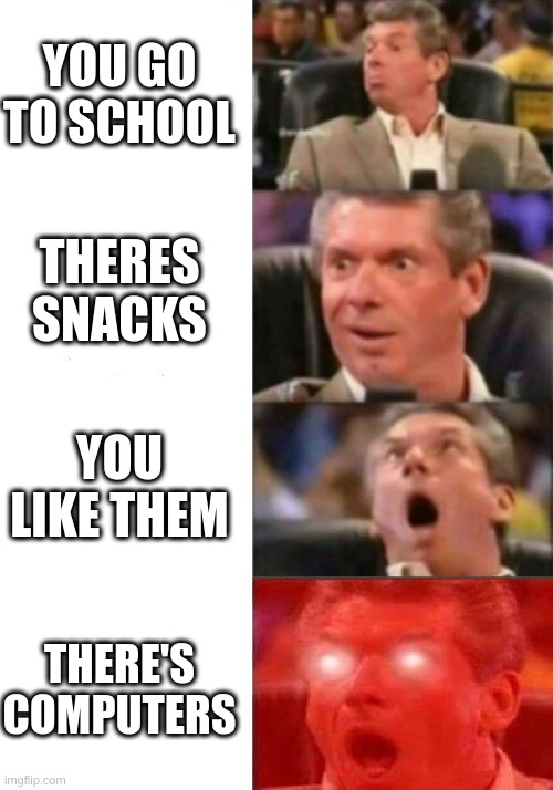 Mr. McMahon reaction | YOU GO TO SCHOOL; THERES SNACKS; YOU LIKE THEM; THERE'S COMPUTERS | image tagged in mr mcmahon reaction | made w/ Imgflip meme maker