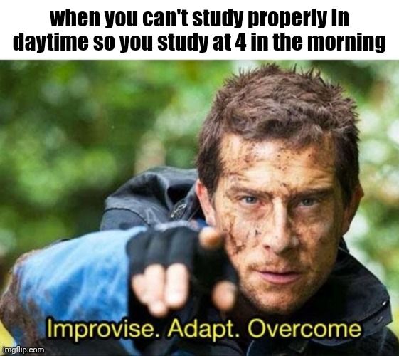 Bear Grylls Improvise Adapt Overcome | when you can't study properly in daytime so you study at 4 in the morning | image tagged in bear grylls improvise adapt overcome | made w/ Imgflip meme maker