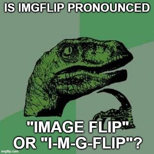 raptor asking questions | IS IMGFLIP PRONOUNCED; "IMAGE FLIP" OR "I-M-G-FLIP"? | image tagged in raptor asking questions | made w/ Imgflip meme maker