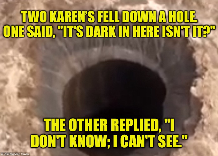 Karen’s in dark hole | TWO KAREN’S FELL DOWN A HOLE. ONE SAID, "IT'S DARK IN HERE ISN'T IT?"; THE OTHER REPLIED, "I DON'T KNOW; I CAN'T SEE." | image tagged in dark hole,fell into hole,it is dark,cannot see,stupid | made w/ Imgflip meme maker