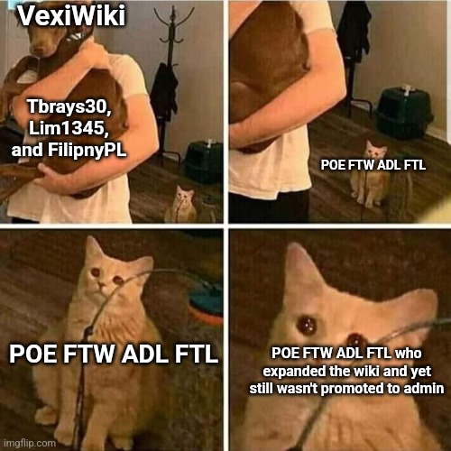 This is criticizing VexiWiki's admin promoting. | VexiWiki; Tbrays30, Lim1345, and FilipnyPL; POE FTW ADL FTL; POE FTW ADL FTL; POE FTW ADL FTL who expanded the wiki and yet still wasn't promoted to admin | image tagged in sad cat holding dog | made w/ Imgflip meme maker