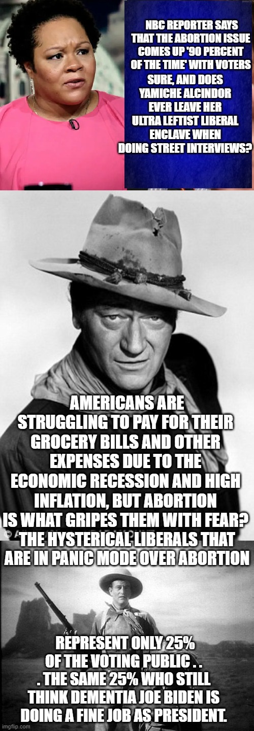 Here's some actual TRUTH for abortion crazed hysterical liberals and the looming mid-term elections. | SURE, AND DOES YAMICHE ALCINDOR EVER LEAVE HER ULTRA LEFTIST LIBERAL ENCLAVE WHEN DOING STREET INTERVIEWS? NBC REPORTER SAYS THAT THE ABORTION ISSUE COMES UP '90 PERCENT OF THE TIME' WITH VOTERS; AMERICANS ARE STRUGGLING TO PAY FOR THEIR GROCERY BILLS AND OTHER EXPENSES DUE TO THE ECONOMIC RECESSION AND HIGH INFLATION, BUT ABORTION IS WHAT GRIPES THEM WITH FEAR? THE HYSTERICAL LIBERALS THAT ARE IN PANIC MODE OVER ABORTION; REPRESENT ONLY 25% OF THE VOTING PUBLIC . . . THE SAME 25% WHO STILL THINK DEMENTIA JOE BIDEN IS DOING A FINE JOB AS PRESIDENT. | image tagged in truth | made w/ Imgflip meme maker