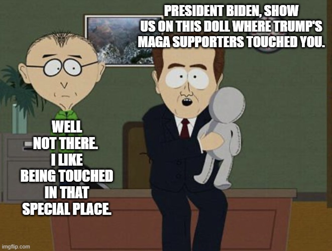 Yes Joe . . . show us.  Enquiring minds -- thus leaving out ALL Dem Party voters -- want to know. | PRESIDENT BIDEN, SHOW US ON THIS DOLL WHERE TRUMP'S MAGA SUPPORTERS TOUCHED YOU. WELL NOT THERE.  I LIKE BEING TOUCHED IN THAT SPECIAL PLACE. | image tagged in show us | made w/ Imgflip meme maker