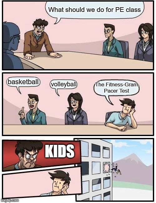 Boardroom Meeting Suggestion | What should we do for PE class; basketball; volleyball; The Fitness-Gram Pacer Test; KIDS | image tagged in memes,boardroom meeting suggestion | made w/ Imgflip meme maker
