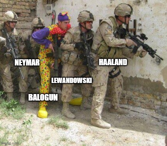 Army clown | HAALAND; NEYMAR; LEWANDOWSKI; BALOGUN | image tagged in army clown | made w/ Imgflip meme maker