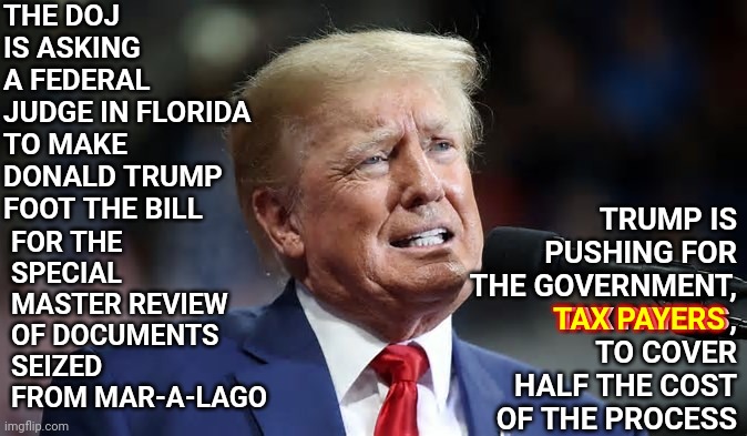 Sick Of The Grift | THE DOJ IS ASKING A FEDERAL JUDGE IN FLORIDA TO MAKE DONALD TRUMP FOOT THE BILL; TRUMP IS PUSHING FOR THE GOVERNMENT, TAX PAYERS, TO COVER HALF THE COST OF THE PROCESS; FOR THE SPECIAL MASTER REVIEW OF DOCUMENTS SEIZED FROM MAR-A-LAGO; TAX PAYERS | image tagged in memes,trump is nothing but a con man,loser,lock him up,oh hell no,pay your own bills loser | made w/ Imgflip meme maker