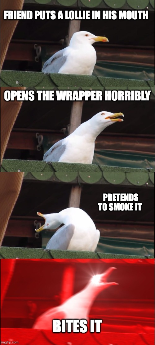 Inhaling Seagull Meme | FRIEND PUTS A LOLLIE IN HIS MOUTH; OPENS THE WRAPPER HORRIBLY; PRETENDS TO SMOKE IT; BITES IT | image tagged in memes,inhaling seagull | made w/ Imgflip meme maker