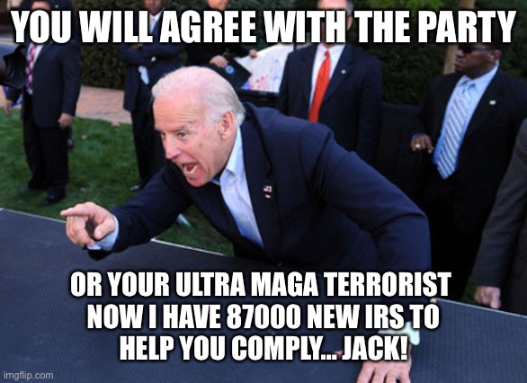 87000 new compliance agents | YOU WILL AGREE WITH THE PARTY; OR YOUR ULTRA MAGA TERRORIST 
NOW I HAVE 87000 NEW IRS TO
HELP YOU COMPLY… JACK! | image tagged in son a looser | made w/ Imgflip meme maker